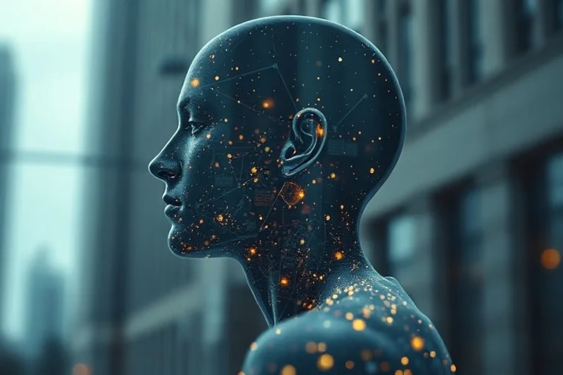 Silueta humana conceptual permeada por fragmentos plásticos, simbolizando la omnipresencia de la contaminación