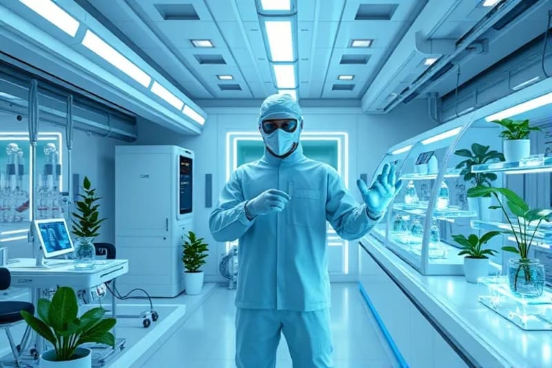 Escenario de laboratorio futurista con equipo de purificación de agua y aire, simbolizando la prevención y el biohacking