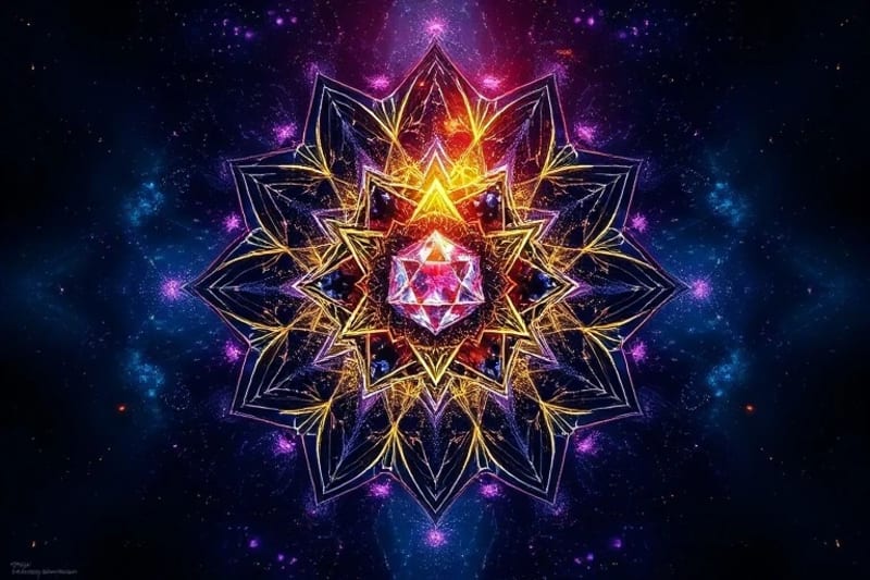Shattered crystal reforming into a radiant gem, dark energy transforming into light.