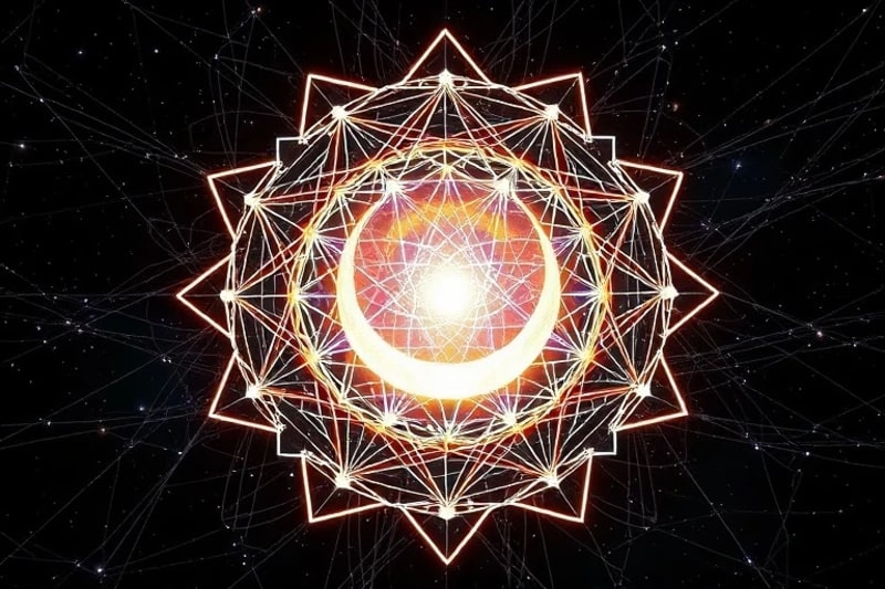 Abstract network of luminous threads leading to a radiant, open portal.