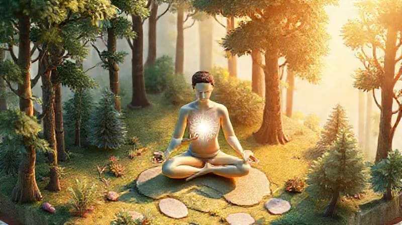 Intuitive Insight and Inner Peace Oil painting of a contemplative figure with light emanating from their chest, surrounded by symbols of inner wisdom