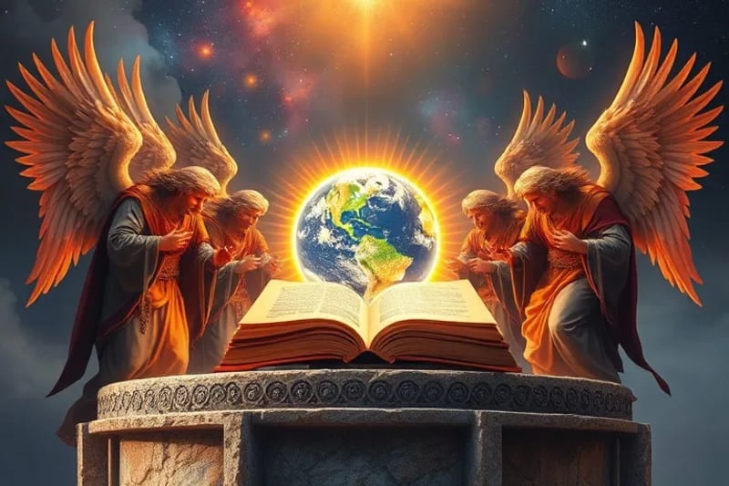 Arcángeles majestuosos con alas radiantes, reunidos alrededor de una proyección holográfica del mapa geopolítico de la Tierra, con sus manos posicionadas sobre diferentes regiones, emanando ondas de luz.