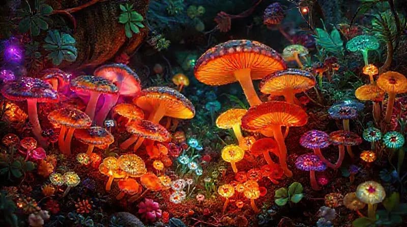 Bosque vibrante con diversos hongos, desde bioluminiscentes hasta setas robustas, interactuando con la flora.