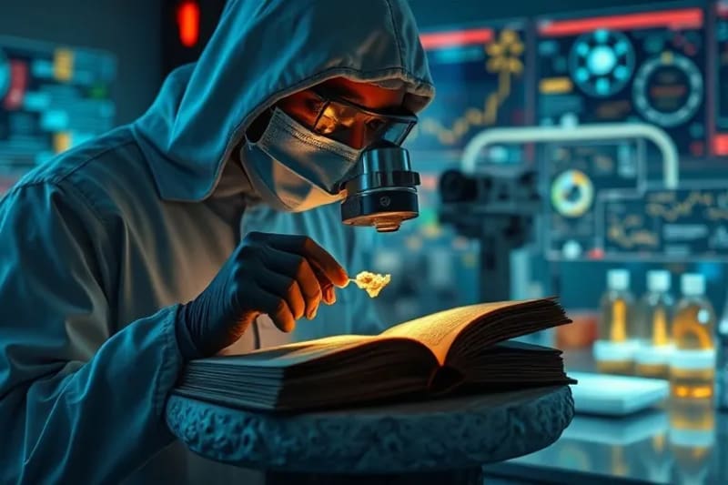 Científico forense examinando un fragmento orgánico bajo un microscopio en un laboratorio estéril, con equipos científicos de fondo.