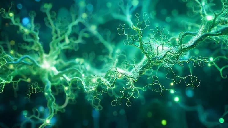Patrones geométricos y estructuras fúngicas entrelazadas que forman algoritmos y visualizaciones de redes neuronales.