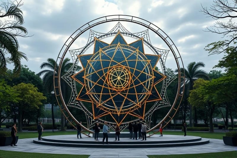 3D render of a cosmic well-being installation in a park, with people interacting