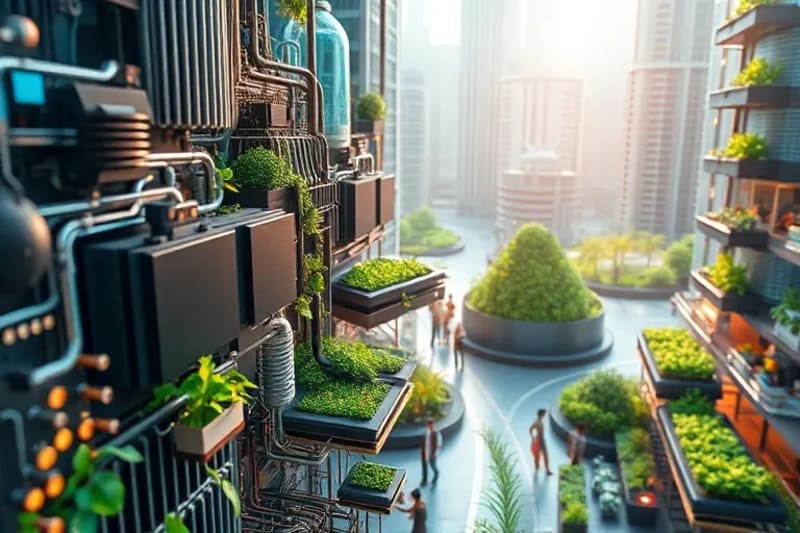 Futuristic city with advanced water purification and recycling systems, green spaces, and peaceful human interaction.