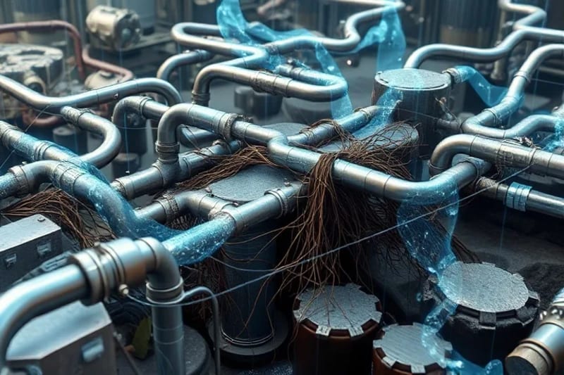 Conceptual 3D render of pipes and filtration systems intertwining with natural elements like roots and rivers, symbolizing integrated water management.
