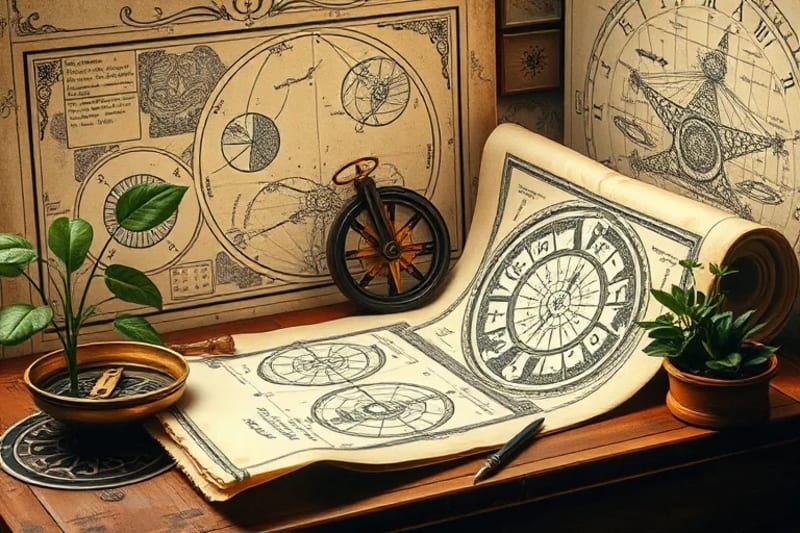 Oil painting of geomancy tools, celestial charts, and urban blueprints