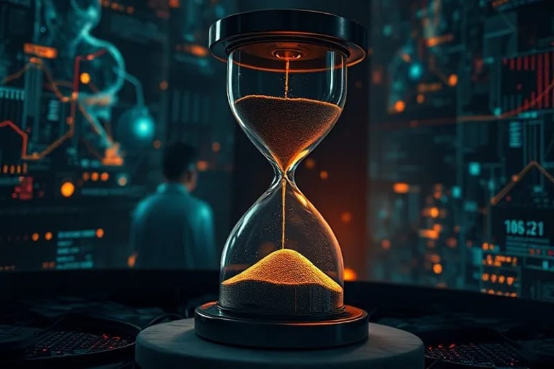 Una representación artística de un reloj de arena digital, con granos de luz fluyendo hacia abajo, simbolizando el tiempo consumido por la tecnología. Alrededor, elementos abstractos de redes neuronales y pantallas rotas, en tonos oscuros y melancólicos.
