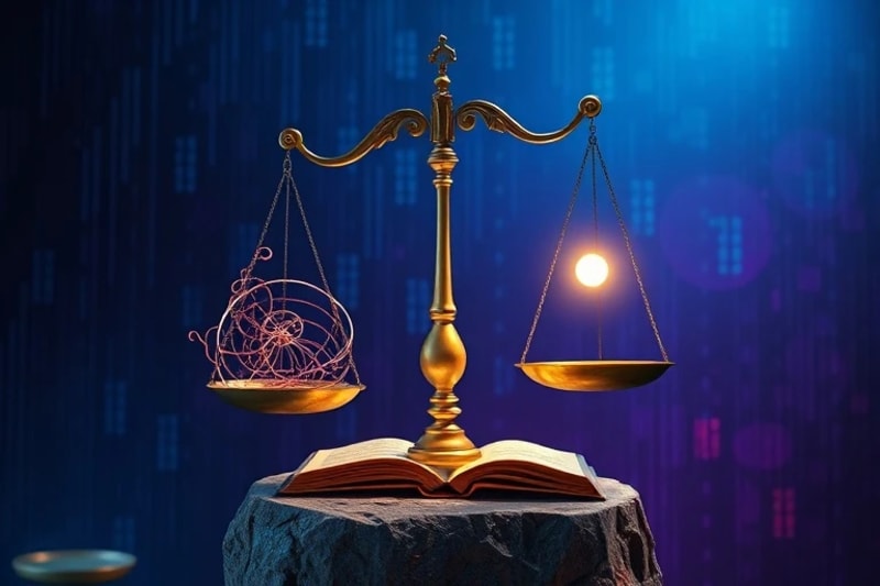 Una balanza de la justicia estilizada digitalmente, con un lado cargado de símbolos de información falsa y el otro con una luz brillante que representa la verdad. El fondo es una matriz de datos abstracta, con tonos de azul y púrpura.