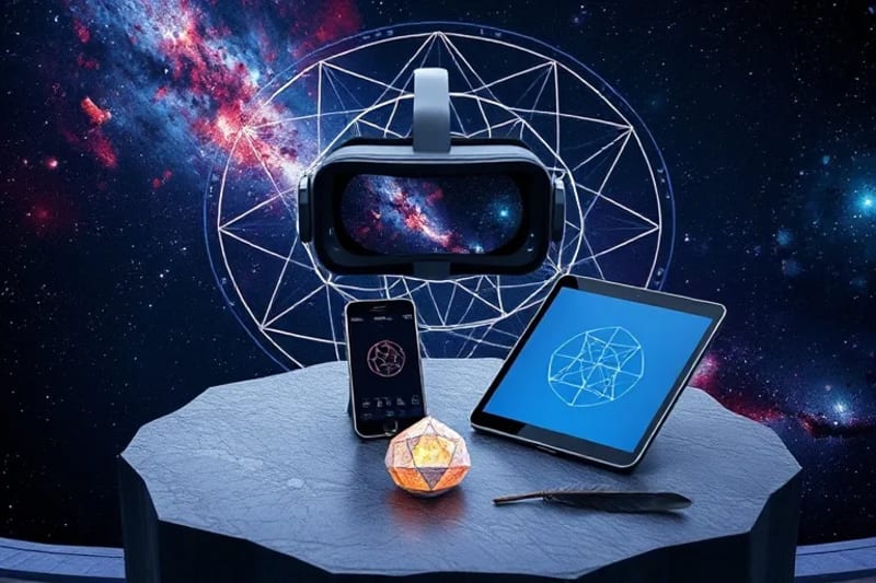 A still-life composition of modern digital tools like VR headsets, smartphones, and tablets arranged with natural elements like crystals and sage.