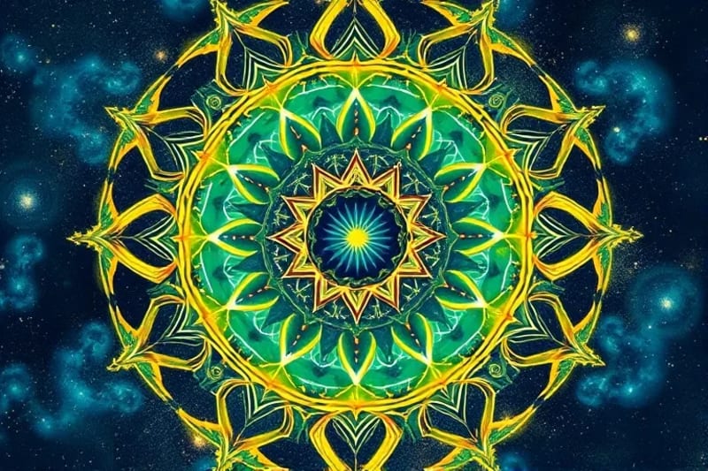 An abstract watercolor painting depicting swirling patterns of vibrant colors with interwoven ancient tribal symbols and digital circuit board lines, symbolizing energy flow and integrated consciousness.