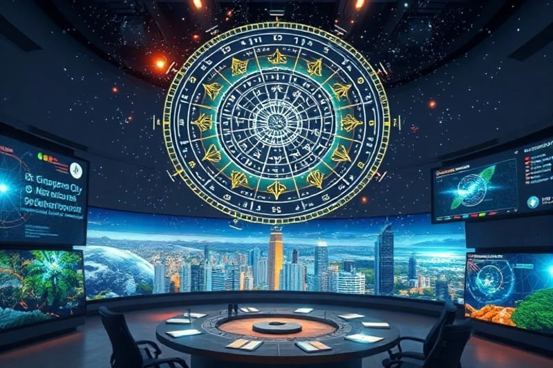 Representación 3D de una sala de control de ciudad inteligente, con proyecciones holográficas que muestran datos ambientales, consumo de energía y líneas geománticas. Un equipo diverso de planificadores urbanos y especialistas en IA colaboran, interactuando con las proyecciones.