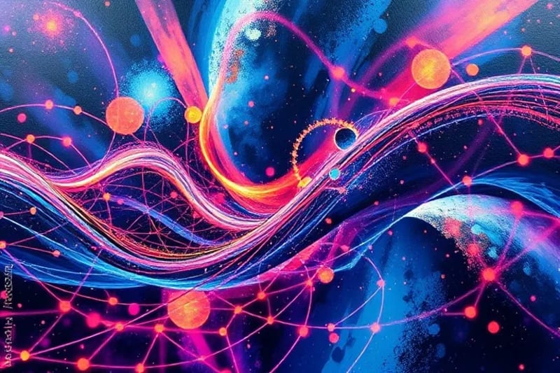 Representación abstracta de ondas gravitacionales y procesamiento de datos por IA