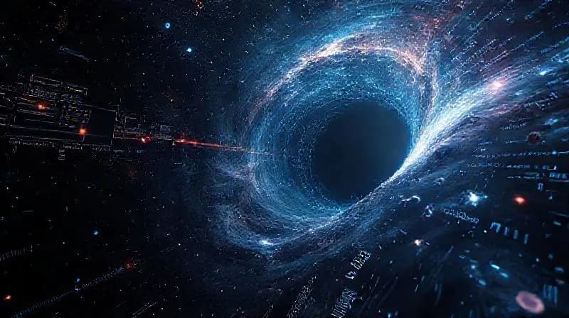 Visualización conceptual de un horizonte de eventos con ecuaciones matemáticas y modelos de IA