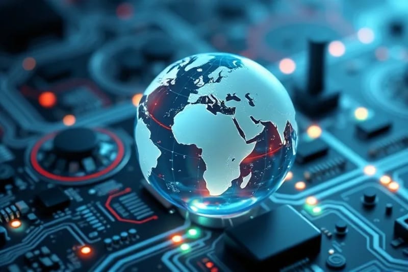 Infografía 3D de un globo terráqueo con redes de tuberías que conectan continentes, simbolizando la distribución y los conflictos por el agua a nivel global.