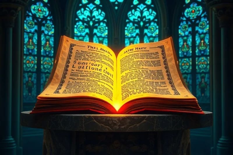 Representación digital de ADN y símbolos religiosos entrelazados, con fondo de laboratorio y vitral.