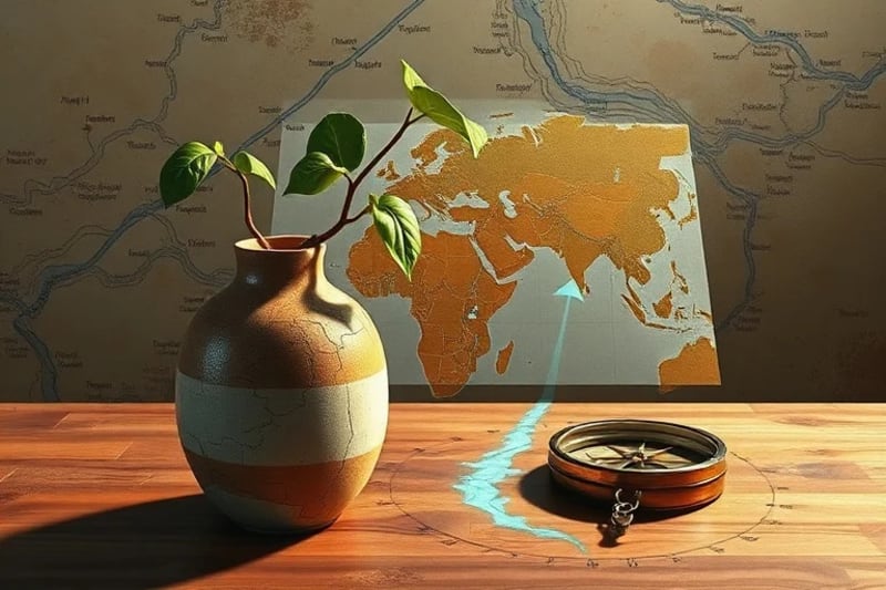 Bodegón con un mapa de cuencas fluviales, una vasija agrietada y una planta marchita, simbolizando la fragilidad y la disputa por los recursos hídricos.