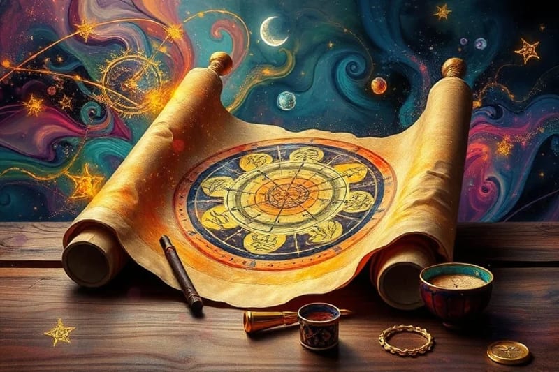 Ancient scroll with astrological chart and genetic sequences