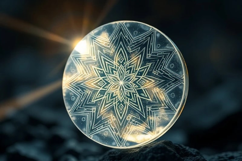 Crystal structure with etched patterns resembling ancient script or DNA
