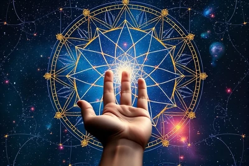 Mano humana extendida hacia un cielo nocturno estrellado, con constelaciones prominentes y un brillo etéreo, simbolizando la conexión entre el individuo y el cosmos.