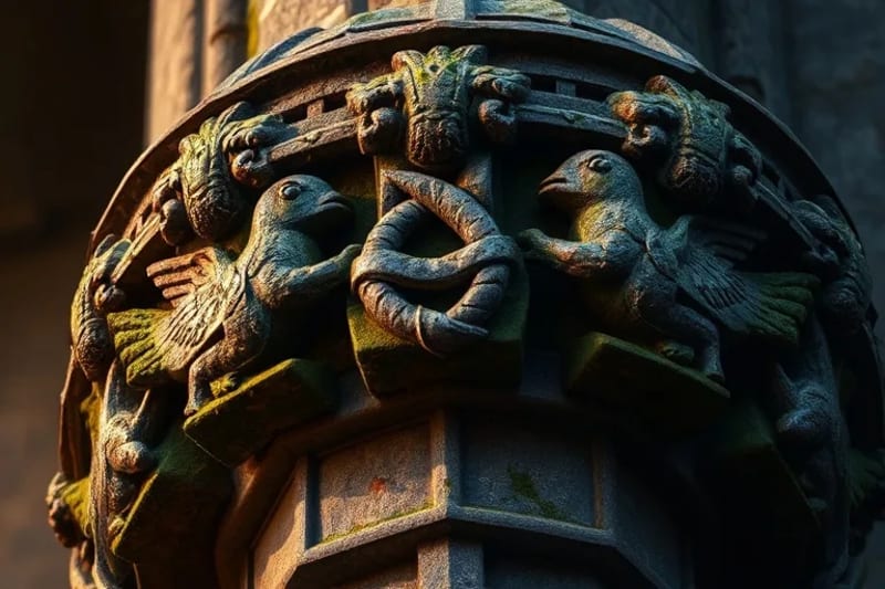 Detalle de una escultura gótica que muestra tres símbolos entrelazados, como un trébol o un nudo borromeo, tallados en piedra antigua con texturas detalladas y efectos de musgo.