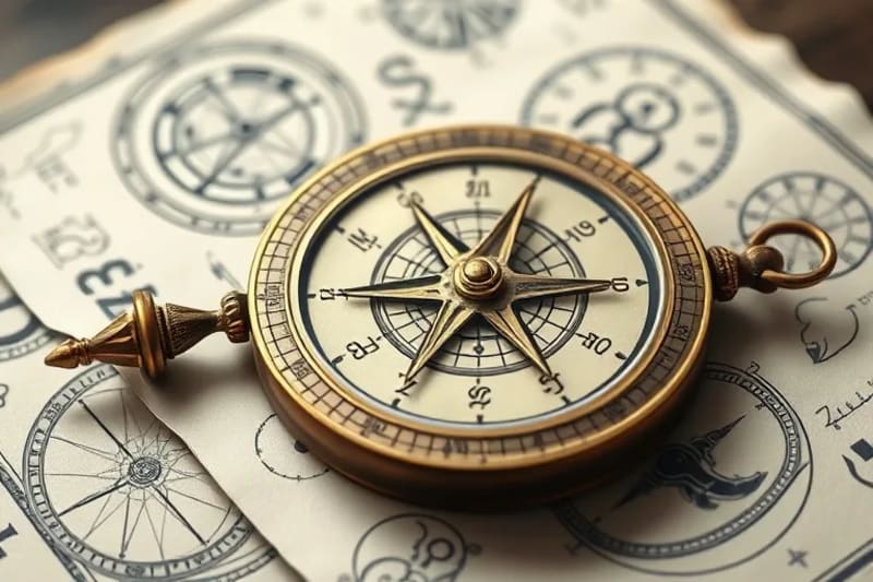 Una antigua brújula astrológica con símbolos zodiacales y estrellas fijas, sobre un pergamino con diagramas de líneas kármicas y patrones energéticos, en un ambiente místico.