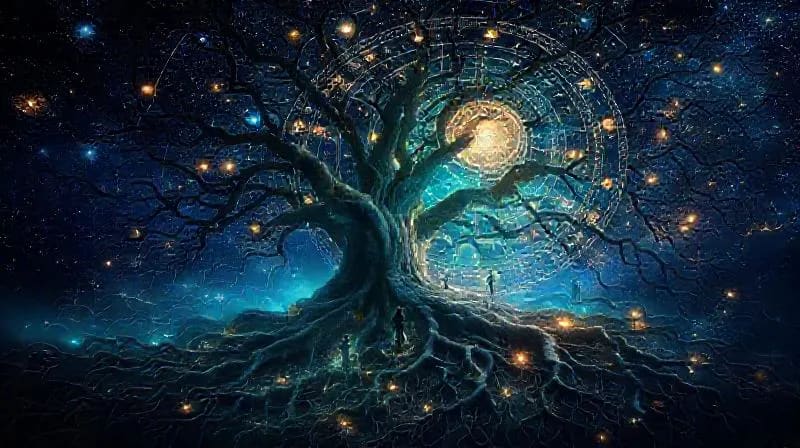 Raíces de un árbol antiguo entrelazadas con una red energética, simbolizando la sanación ancestral.