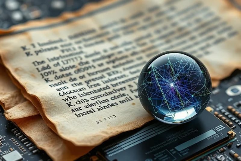 Pintura digital de un pergamino antiguo y un ábaco con proyecciones holográficas de redes neuronales