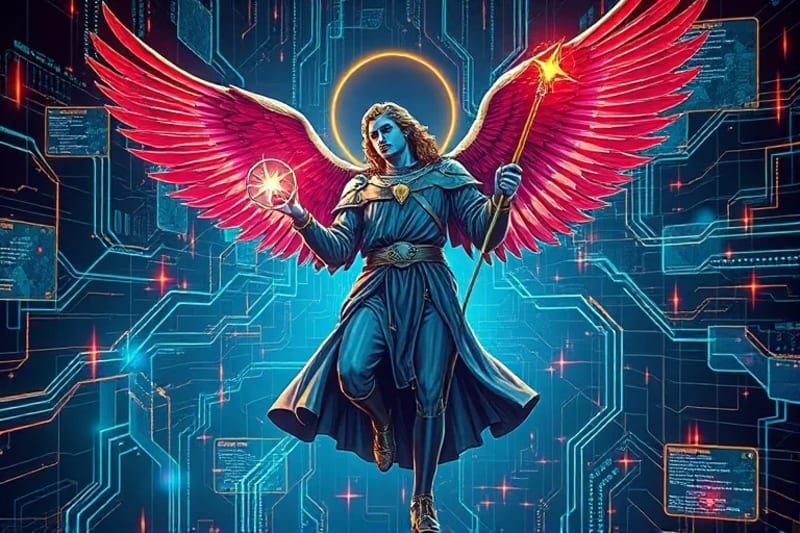 Ilustración abstracta de una red digital compleja con flujos de datos y símbolos protectores, representando la ciberseguerra espiritual.