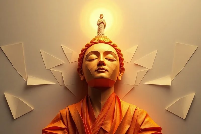 Pintura al óleo de una persona meditando en un entorno sereno, con sutiles elementos digitales en el fondo, simbolizando la búsqueda de la verdad.