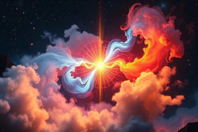Abstract digital painting showing planetary energies as colorful streams flowing into a human silhouette, symbolizing cosmic influence.