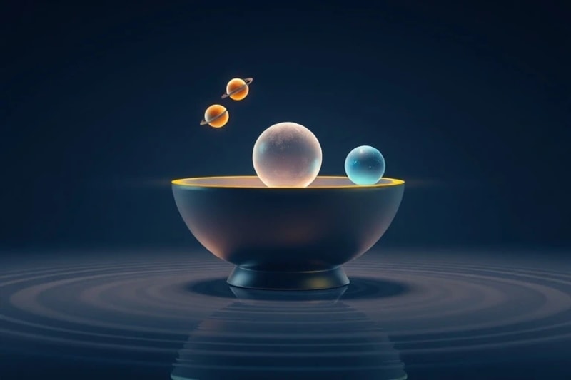 3D render of a crystal singing bowl surrounded by orbiting planetary models, symbolizing cosmic resonance and vibrational harmony.