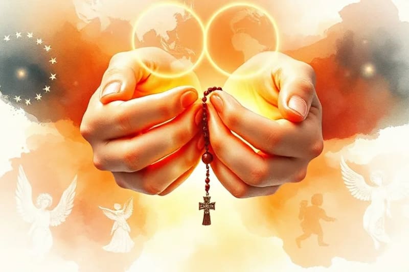 Manos en oración sosteniendo un rosario, rodeadas de luz etérea y símbolos divinos