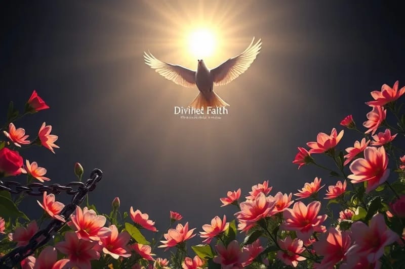 Paloma volando hacia la luz, cadenas rotas cayendo, flores floreciendo, simbolizando sanación y liberación