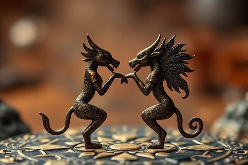 Macro photography of a miniature diorama with two abstract, symbolic figures, one with metallic texture, the other with leafy texture, reaching out, representing zodiac pairing and elemental harmony.