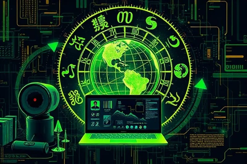 Representación abstracta del flujo de Chi en un espacio de trabajo portátil con elementos de tecnología y naturaleza