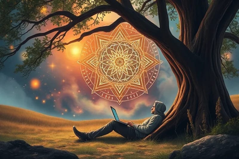 Pintura al óleo de un nómada digital trabajando al aire libre con tablet y cuaderno, integrando tecnología y naturaleza