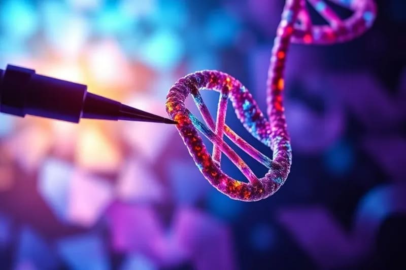 Digital painting of microscopic tools precisely editing a colorful DNA strand, representing CRISPR technology