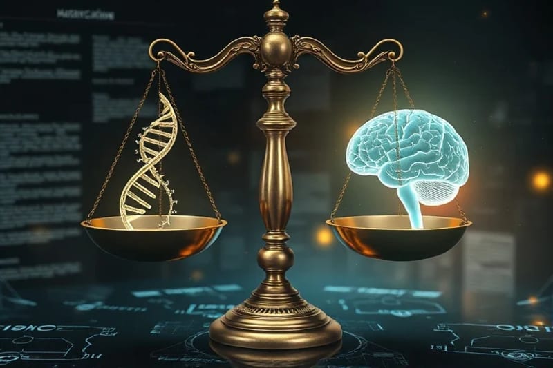 3D render of brass scales of justice balancing DNA and brain models, symbolizing ethical choices in genetic engineering