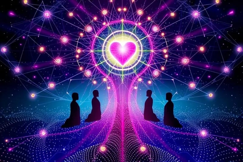 Figuras humanas estilizadas con auras brillantes, conectadas por líneas geométricas y símbolos de entrelazamiento cuántico, irradiando desde un corazón central.