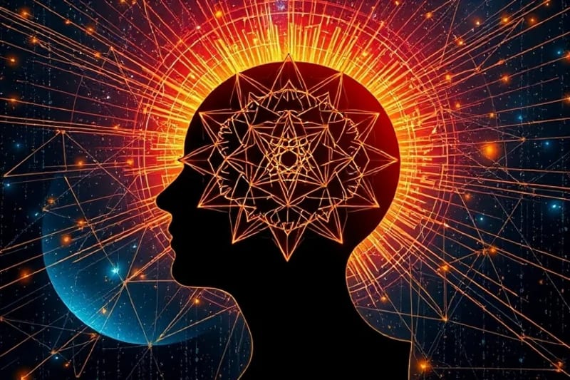 Stylized human head silhouette with data streams transforming into vibrant symbols, depicting algorithmic dream decoding
