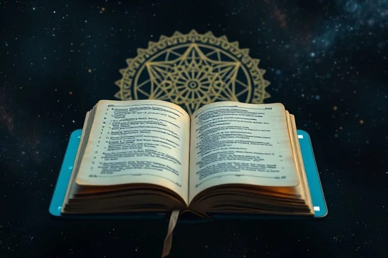 Antique dream journal open on a futuristic data pad, displaying algorithms and spectral analysis patterns