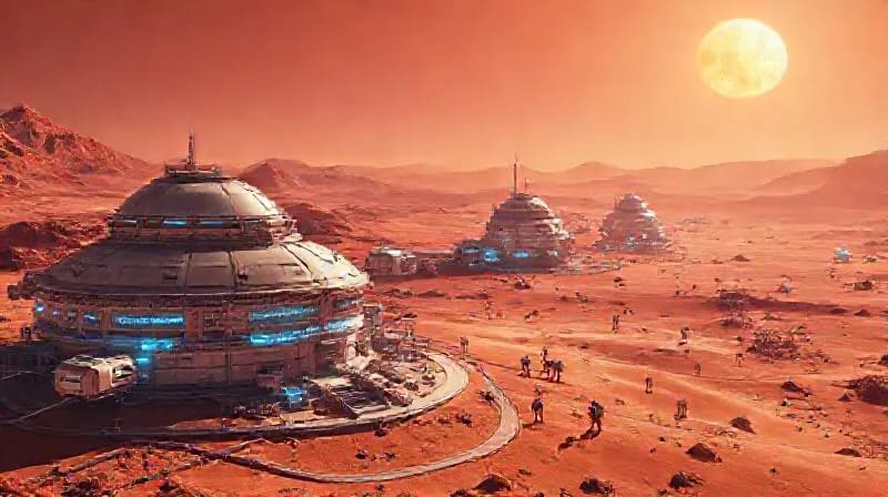 Pintura digital de un hábitat marciano con robots autónomos impulsados por IA realizando tareas de exploración y mantenimiento.