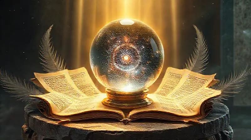 Esfera de cristal con galaxia, pergaminos de geometría sagrada y plumas angelicales en un bodegón conceptual.