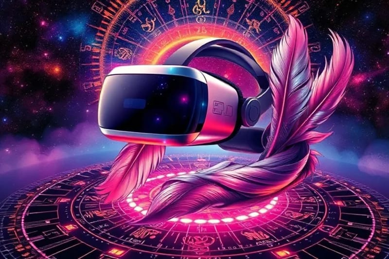 VR headset with feathers and crystals on a circuit board, light merging with nature