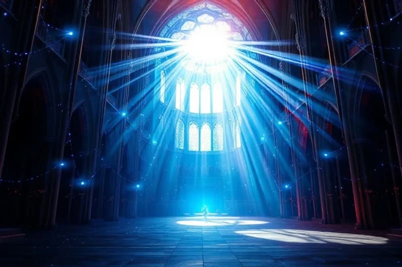 Red cósmica de nodos luminosos con figuras etéreas interactuando