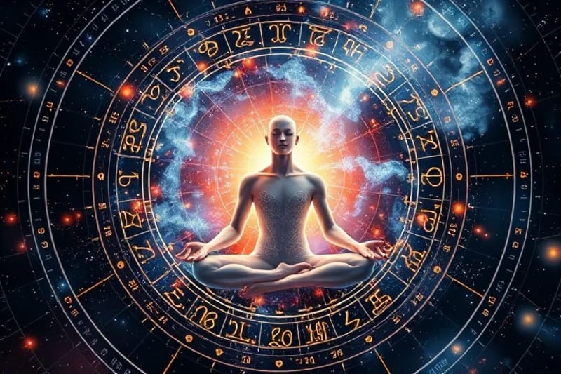Figura meditando con patrones numéricos y luz