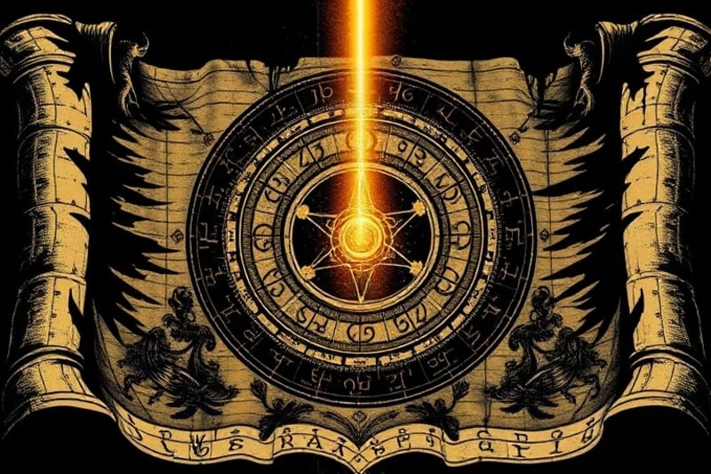 Dimly lit ancient scroll with astrological chart and abstract shadow shapes